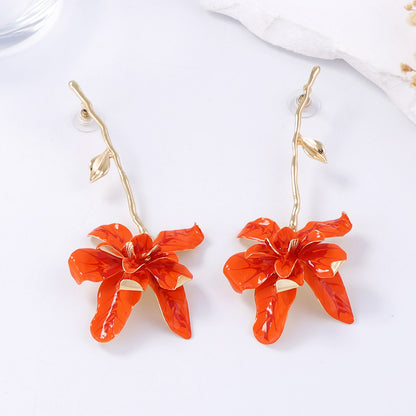 Exaggerated Metal Flower Stem Earrings - Versatile and Stylish Long Dangle Earrings for Women Perfect for Vacations and Every Occasion