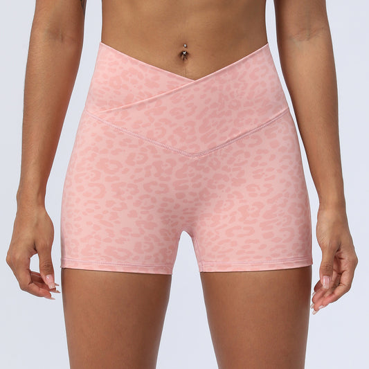 High Waisted Leopard Print Yoga Shorts with Crossed Waist Design for Peach Lifting Stretchy Comfortable 3 Inch Running Fitness Shorts