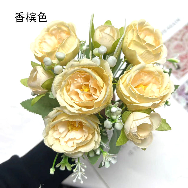 Realistic 5-Head Artificial Rose & Peony Flower Bouquet - Perfect for Weddings, Home Décor, and Special Events