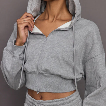 Cozy Fall Winter Short Zip Up Hooded Sweatshirt and Loose Fit Drawstring Cuffed Jogger Pants Set for Athleisure and Casual Wear