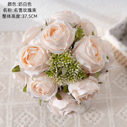 Artificial Snowy Rose Bouquet with Handle - Elegant INS-Style Decorative Faux Flowers for Home Decor - CL04001