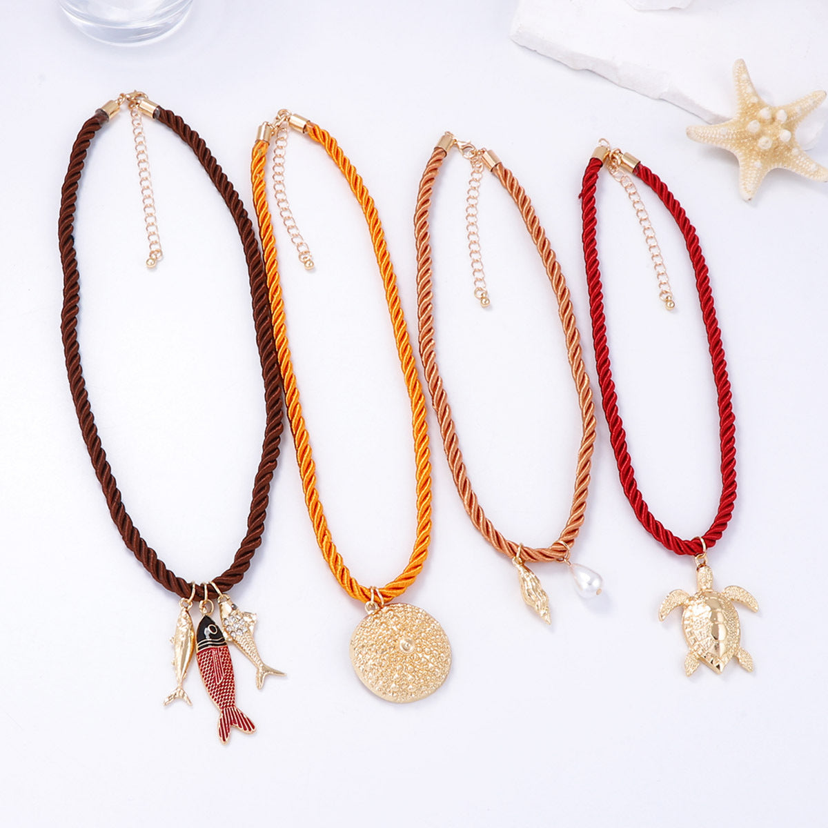 Handcrafted Summer Ocean-Inspired Colorful Rope Necklace with Unique Alloy Marine Animal Pendants – Perfect Accessory for Beach Lovers