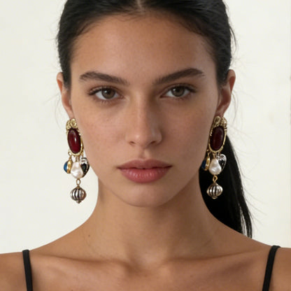 Stylish Vintage-Inspired High-End Animal Metal Pendant Earrings with Faux Pearl and Gemstone Accents – Unique and Versatile Statement Jewelry