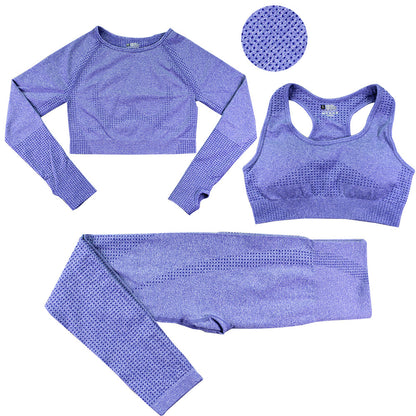 Seamless Polka Dot 3 Piece Set Women's Sports Bra Long Sleeve Top and Leggings for Fitness and Yoga Workouts