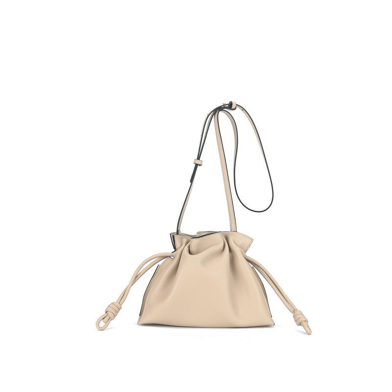 Minimalist Genuine Leather Women's Crossbody Bucket Bag Drawstring Mini Purse with Shoulder Strap for Everyday Use