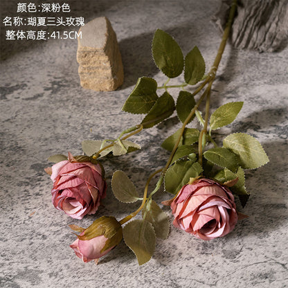 Stunning Artificial Three-Headed Rose Flower - Realistic Green Plants for Wedding Decor and Home Decoration - Perfect for Craft Projects (Model MW66008)