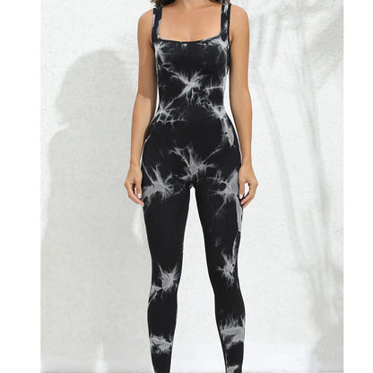 Seamless Tie Dye Yoga Jumpsuit for Women Sleeveless Athletic Bodysuit with Built in Supportive Top for Comfort and Flexibility