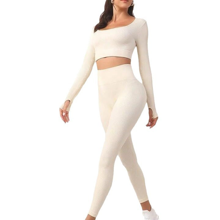 Seamless Workout Yoga Long Sleeve Set for Women High Waist Butt Lifting Ribbed Leggings Top Combo for Comfort and Style