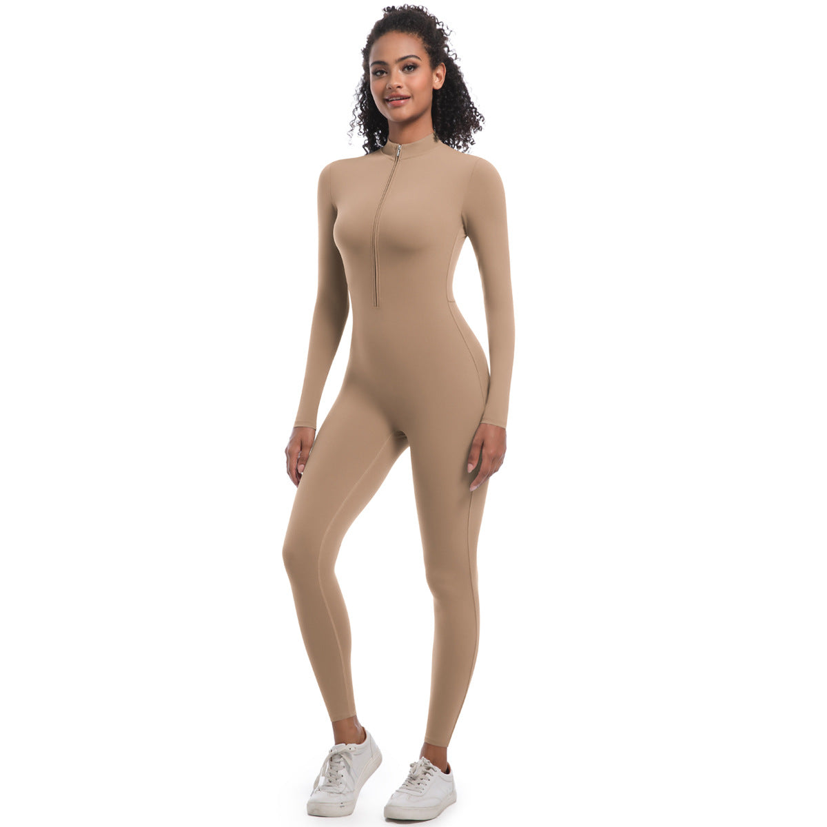 Half Zip Fitted Solid Color High Stretch Long Yoga Jumpsuit for Fitness Running and Active Sports