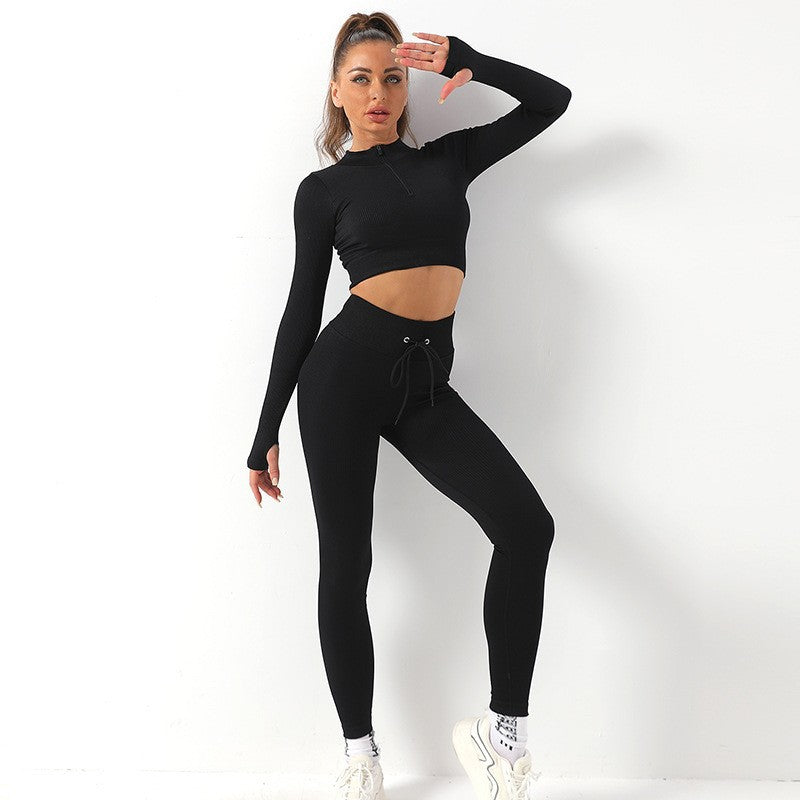 Women's Long Sleeve Yoga Set Zip Up Fitness Outfit with Yoga Top and Comfortable Long Pants for Active Lifestyle