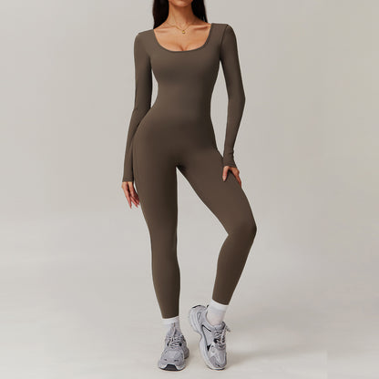 Women's Long Sleeve Yoga Jumpsuit Slim Fit Full Body Athleisure Outfit for Running and Fitness 8979