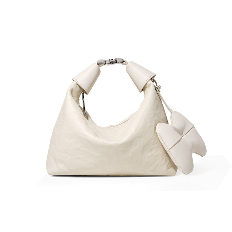 Chic Cloud Shaped Genuine Cowhide Handbag with Textured Pleats Quality Women's Leather Tote