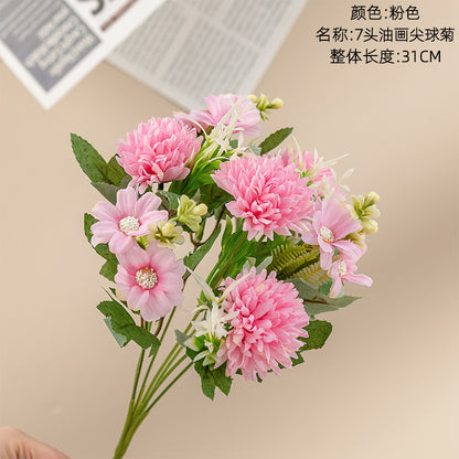 7-Head Artistic Oil Painting Ball Chrysanthemum Home Decor - INS Style Faux Flowers for Wedding and Celebration - Model MW81003