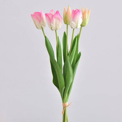 Luxurious 5-Head Feel-Real Tulip Faux Flower Bouquet - Elegant Table Centerpiece for Living Room Décor