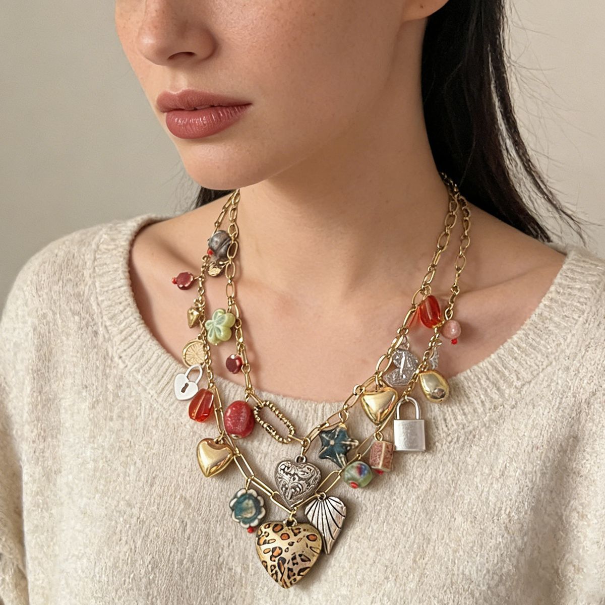 Bohemian Vintage Vacation-Inspired Layered Alloy Pendant Necklace - Versatile Dual-Layer Design for Effortless Casual Style