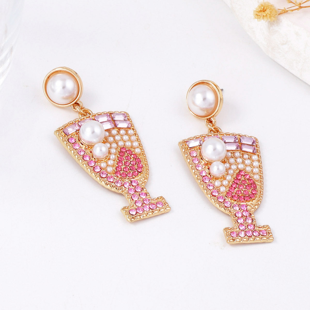 Unique Geometric Shaped Earrings with Dazzling Rhinestones - Elegant Pearl Studs Inspired by Cocktail Glass Design for Sophisticated Women's Jewelry