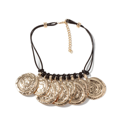 Chic Vintage-Style Layered Coin Necklace with Pleated Alloy and Leather Rope - Perfect for Casual Everyday Wear