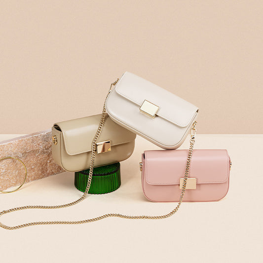 Chic Korean Inspired Unique Tofu Shaped Crossbody Bag Genuine Leather Women's Shoulder Bag with Versatile Chain Strap and Mini Square Design