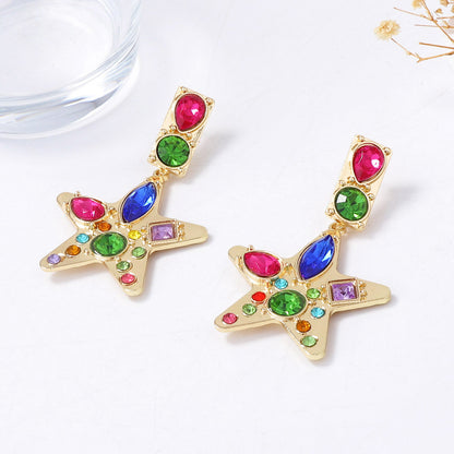 Chic & Exquisite Alloy Star Pendant Earrings with Colorful Gemstones – Bold Statement Jewelry for Modern Women
