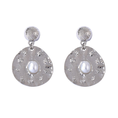 MG Spanish Vintage-Inspired Retro Wrinkled Zirconia-Studded Faux Pearl Geometric Irregular Round Earrings - Elegance Meets Unique Design