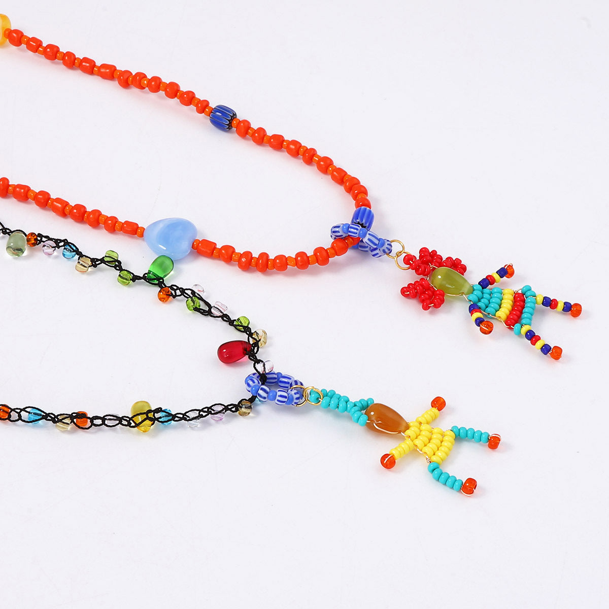Charming Handcrafted Cartoon Beaded Doll Pendant Necklace – Cute Double-Layered Bracelet for Casual Women's Style