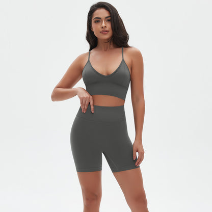 Seamless Yoga Outfit with Adjustable Straps Back Sports Bra and High Waisted Butt Lifting Compression Shorts Two Piece Set for Enhanced Workout Performance