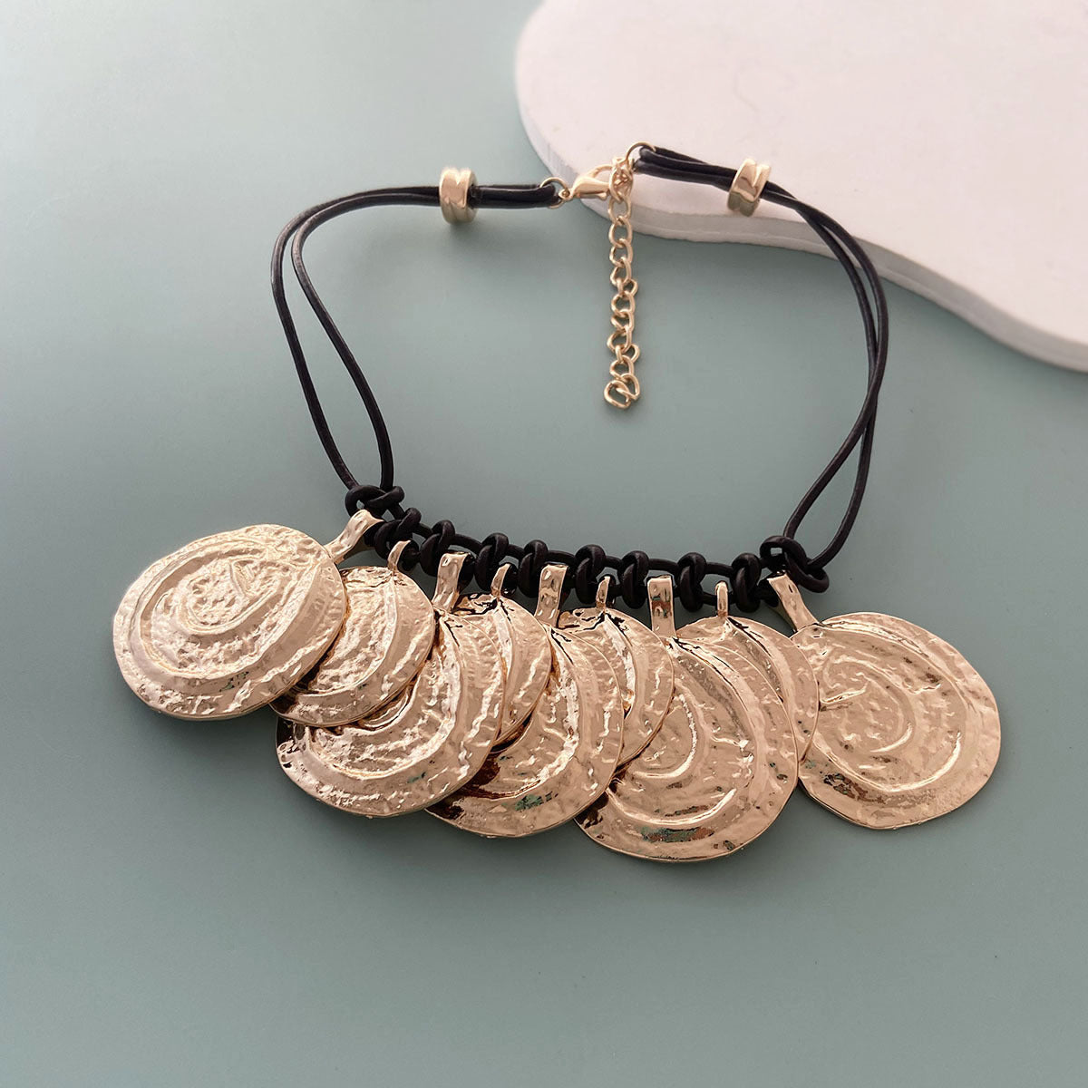 Chic Vintage-Style Layered Coin Necklace with Pleated Alloy and Leather Rope - Perfect for Casual Everyday Wear