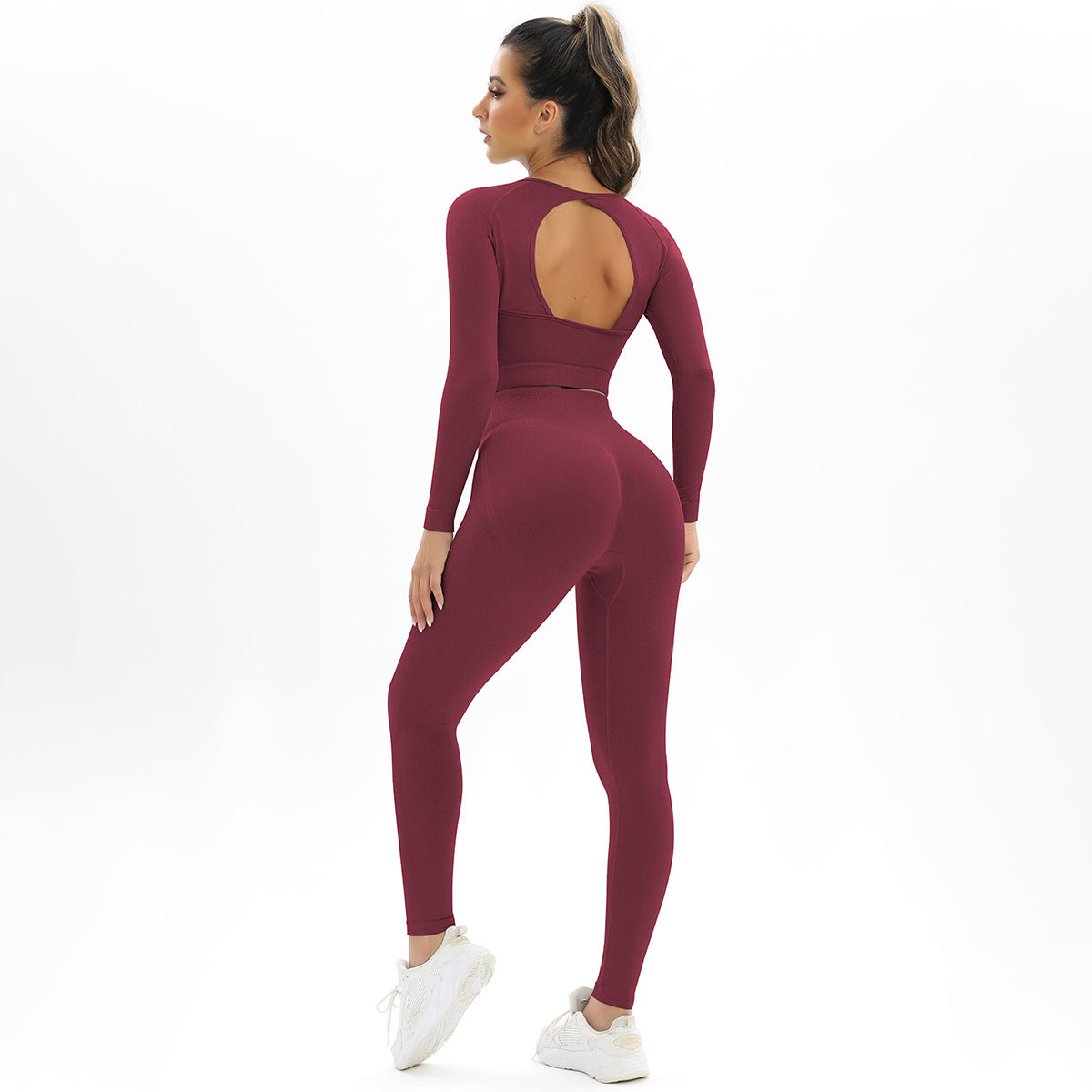 Peach Seamless Knitted Backless High Stretch Long Sleeve Yoga Set Women's 2 Piece Activewear for Running Fitness and Workout Comfort