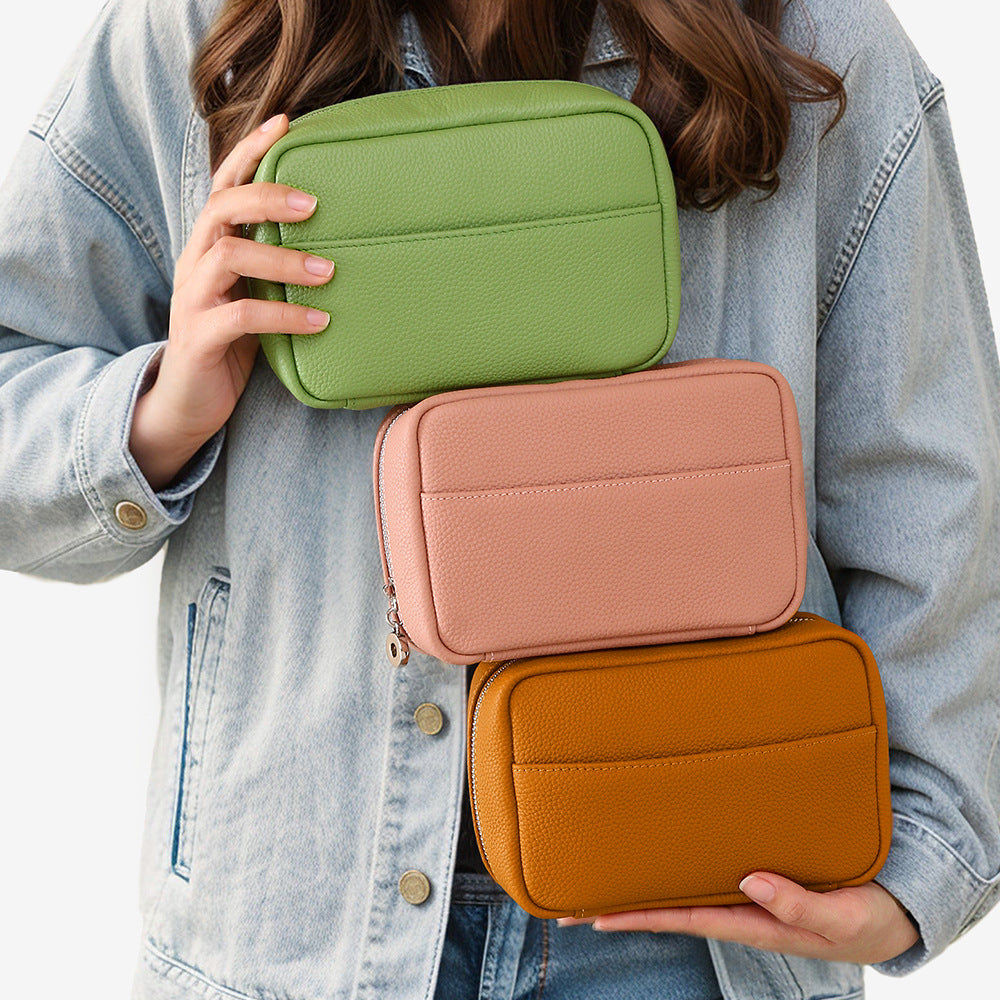Genuine Leather Women's Makeup Bag Solid Color Minimalist Design High End Quality Spacious Travel Friendly Cosmetic Organizer