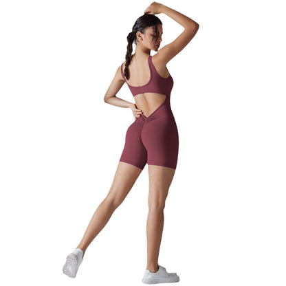 Hollow Back Yoga Bodysuit with V Shaped Pleated Design Women's One Piece Activewear for Comfort and Support