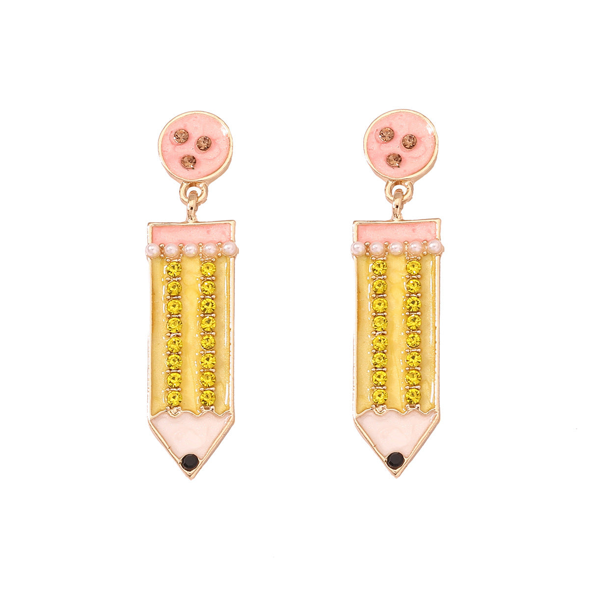 Cute Back-to-School Enamel Pencil Earrings with Rhinestones - Trendy Jewelry for Girls and Women - Perfect Accessory for School Spirit and Fashion