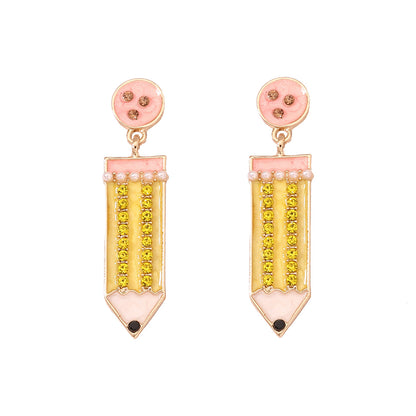 Cute Back-to-School Enamel Pencil Earrings with Rhinestones - Trendy Jewelry for Girls and Women - Perfect Accessory for School Spirit and Fashion
