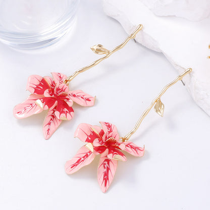 Exaggerated Metal Flower Stem Earrings - Versatile and Stylish Long Dangle Earrings for Women Perfect for Vacations and Every Occasion
