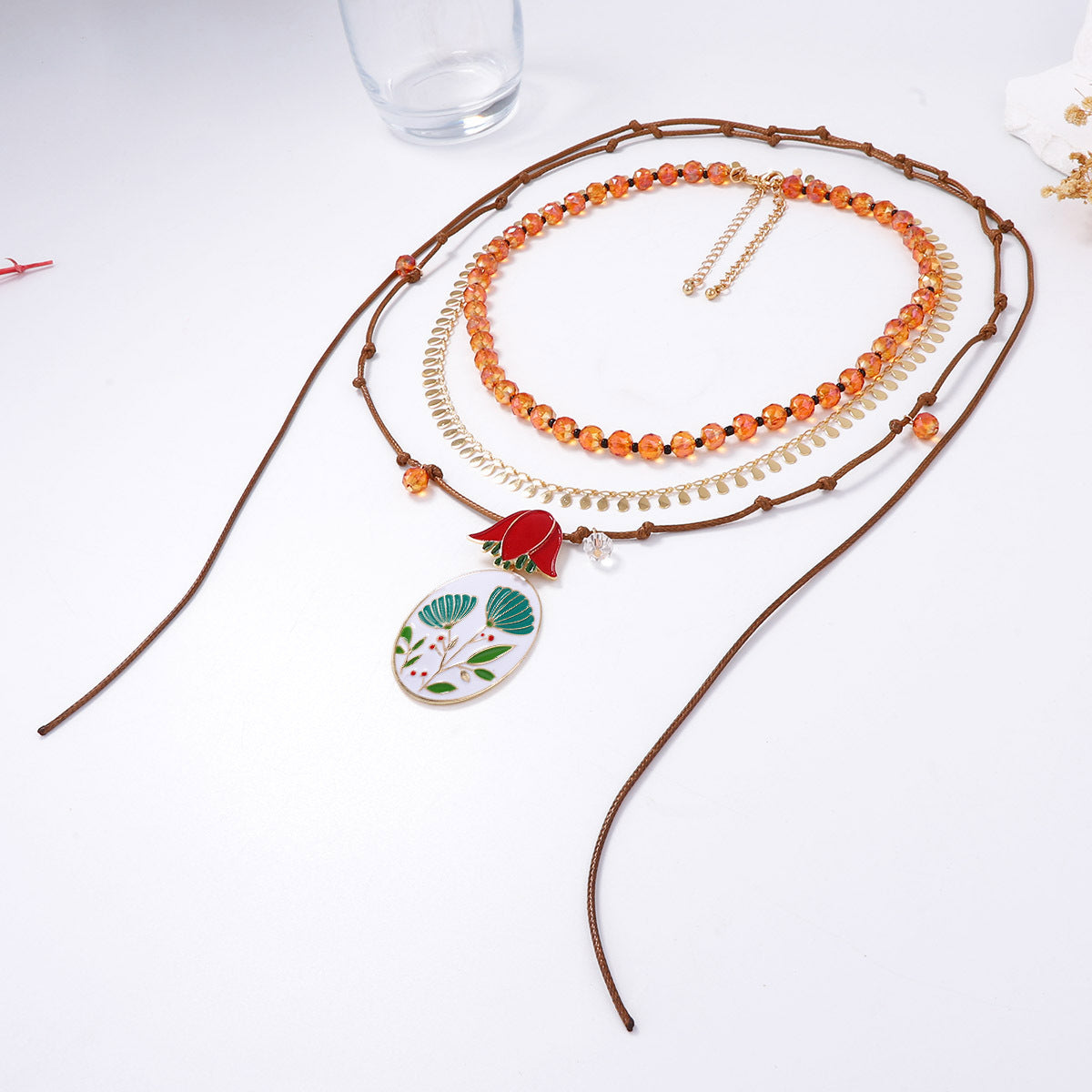 Elegant High-End Creative Design Beaded Braided Alloy Floral Oil-Drop Pendant Multi-Layer Necklace for Women - Perfect for Special Occasions and Everyday Style