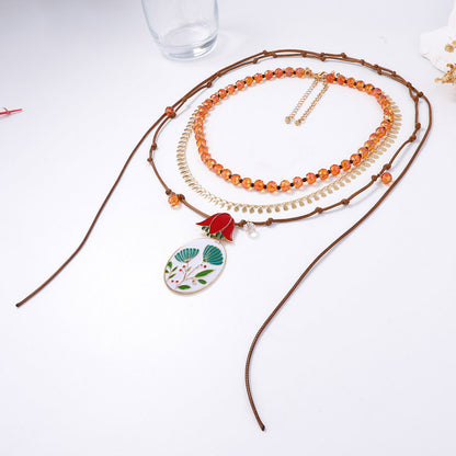Elegant High-End Creative Design Beaded Braided Alloy Floral Oil-Drop Pendant Multi-Layer Necklace for Women - Perfect for Special Occasions and Everyday Style