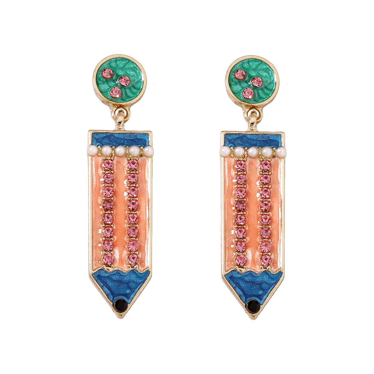 Cute Back-to-School Enamel Pencil Earrings with Rhinestones - Trendy Jewelry for Girls and Women - Perfect Accessory for School Spirit and Fashion