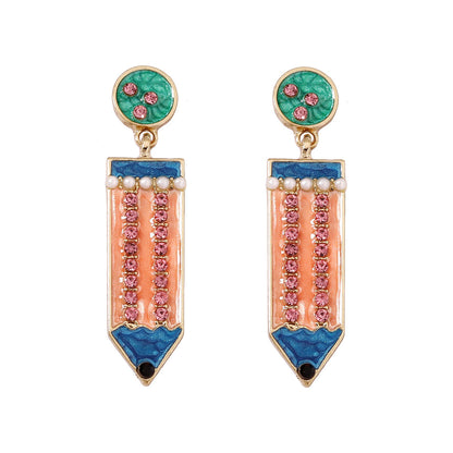 Cute Back-to-School Enamel Pencil Earrings with Rhinestones - Trendy Jewelry for Girls and Women - Perfect Accessory for School Spirit and Fashion