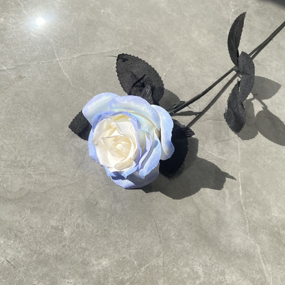 Stunning Faux Black Knight Rose Series – Crystal Ice Blue Ombre Silk Flowers for Halloween Decorations and Photography Props