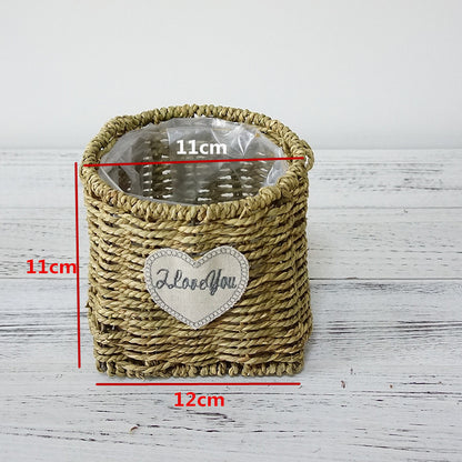 Handcrafted Rustic Woven Grass and Willow Flower Basket - Waterproof Succulent Decorative Basket for Artificial Floral Arrangements with Ergonomic Handle