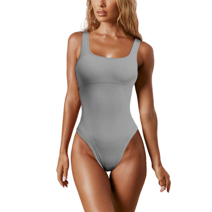 Square Neck Ribbed Triangle Bodysuit Slimming Yoga Outfit Quick Dry Breathable Form Fitting for Comfort