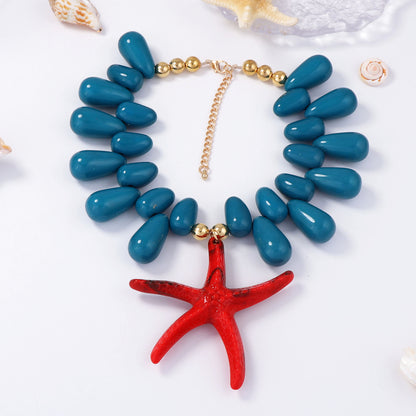 Vibrant Ocean-Inspired Holiday Necklace with Chunky Colorful Beads and Eye-Catching Starfish Pendant - Perfect for Women’s Summer Style