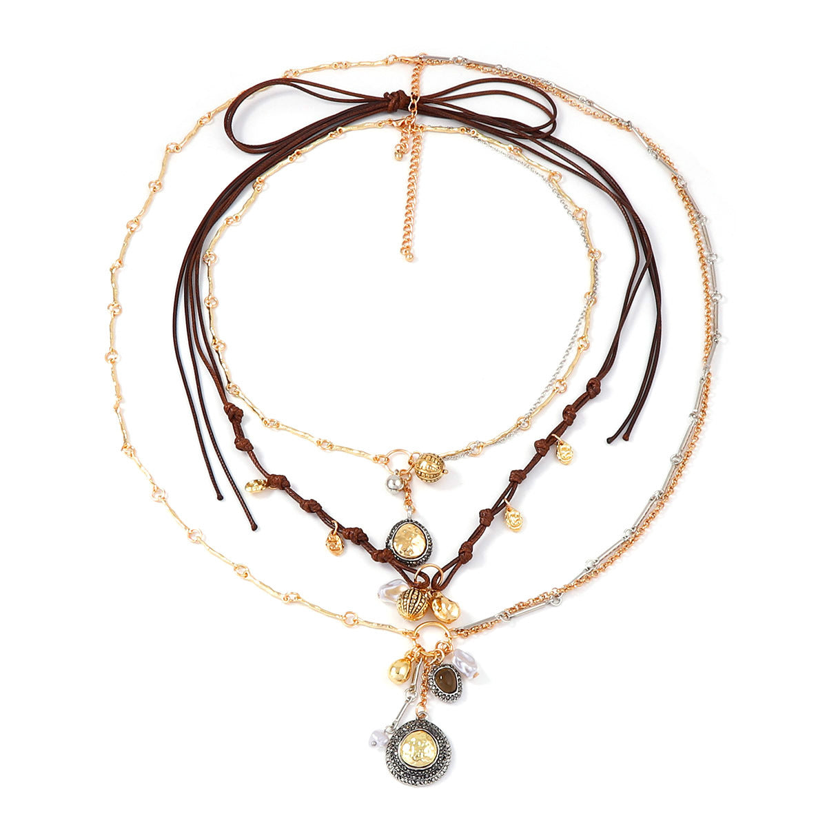 Chic Bohemian-Inspired Layered Chain Wax Rope Alloy Geometric Pendant Necklace – Elegant, Versatile, and Perfect for Any Occasion
