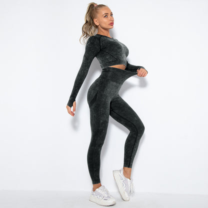 Seamless Water Washed Textured Yoga Set High Waisted Leggings and Long Sleeve Top for Comfort and Performance in Your Workouts