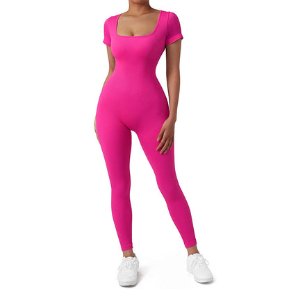 Seamless Ribbed Yoga Jumpsuit for Women Short Sleeve Bodysuit with Built in Chest Pads for Fall and Winter Fitness Comfortable and Activewear