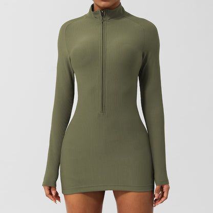 Women's Ribbed Half Zip Long Sleeve Jumpsuit and Slim Fit Polo Collar Mini Dress for Casual Sportswear Everyday Chic