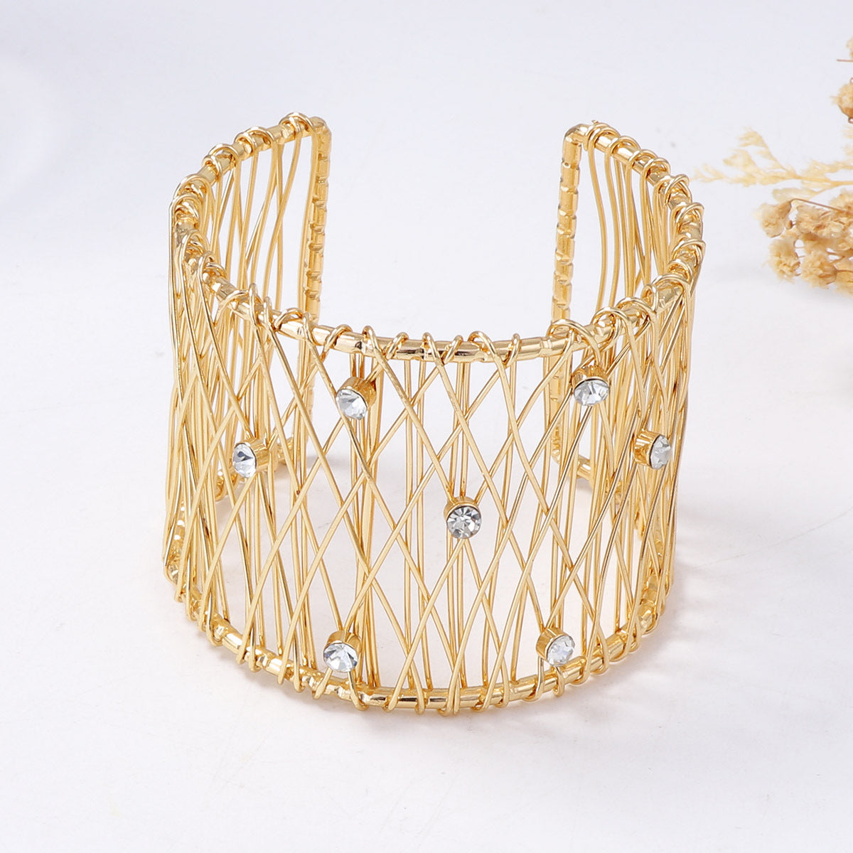Exaggerated Chic Minimalist Metal Mesh Wide Band Open-Back Women's Bracelet with Micro-Set Zircon Stones - Perfect for Every Occasion!