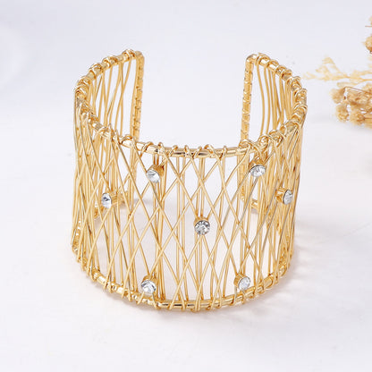 Exaggerated Chic Minimalist Metal Mesh Wide Band Open-Back Women's Bracelet with Micro-Set Zircon Stones - Perfect for Every Occasion!