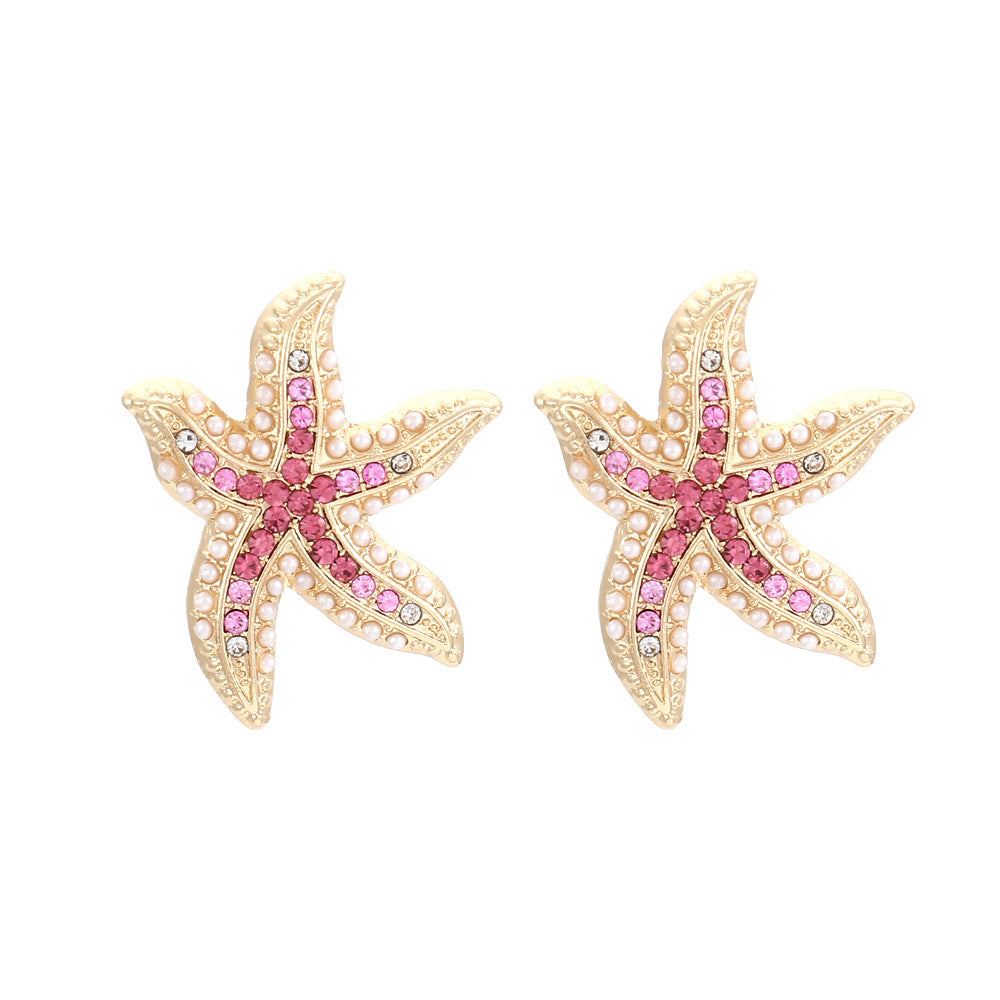 Creative and Adorable Starfish Design Earrings for Women - Eye-Catching Pearl and Sea Star Gemstone Studs with Unique Oversized Style