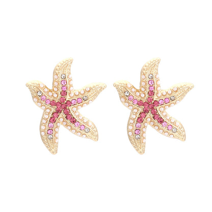 Creative and Adorable Starfish Design Earrings for Women - Eye-Catching Pearl and Sea Star Gemstone Studs with Unique Oversized Style