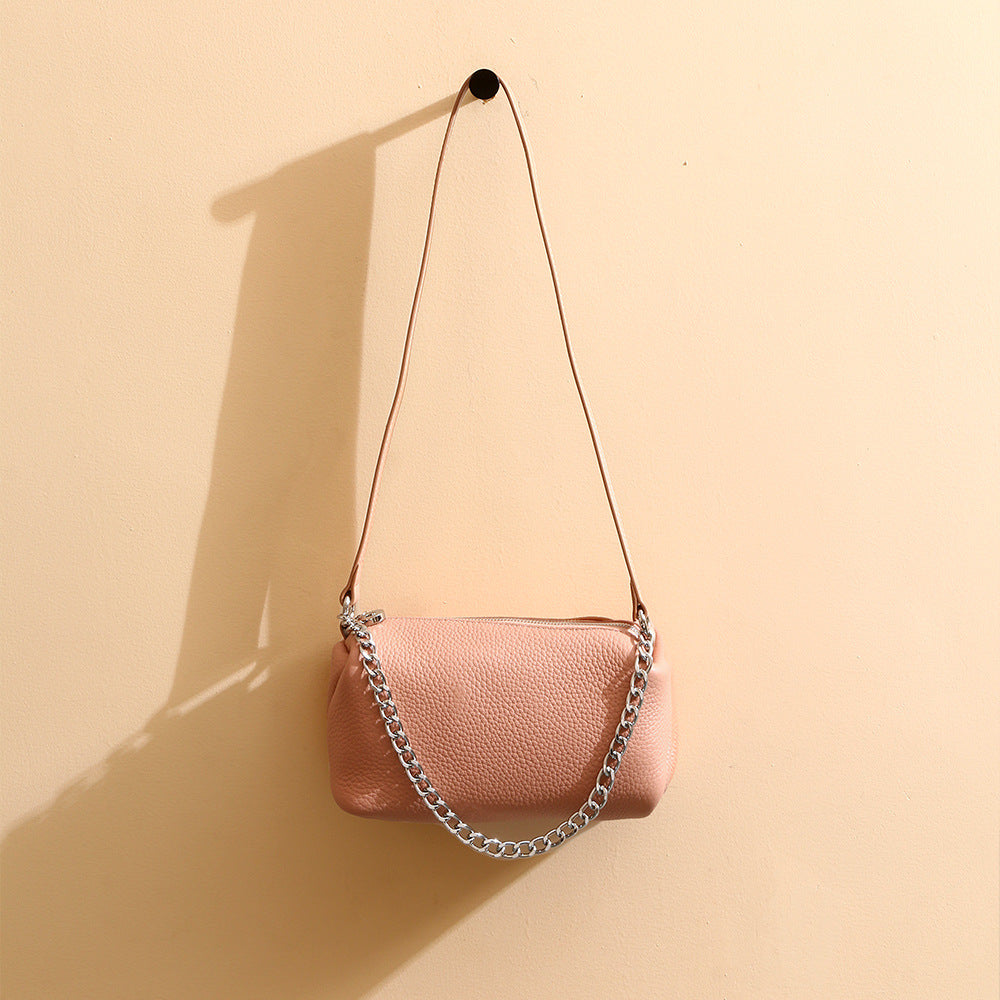 Genuine Leather Women's Round Cylinder Bag with Zipper Unique Design Chain Handle Versatile Shoulder Bag Elevate Your Fashion Game